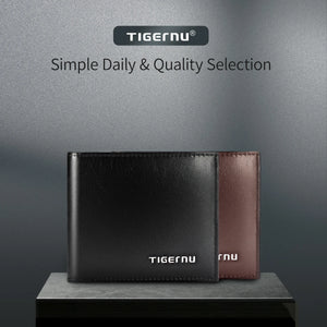 Slim PU leather wallet/card holder in black and brown with Tigernu logo on front