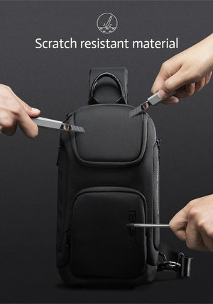 Black crossbody bag with flap top, side zipper, and scratch-resistant textured front