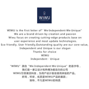 WiWU logo and branding text card on blue background