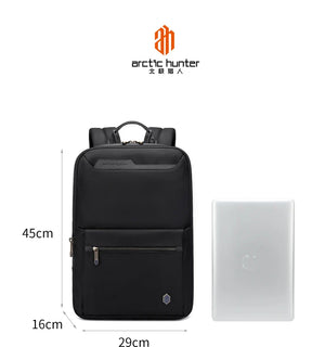 Black business backpack size diagram: 29cm wide, 45cm tall, 16cm deep