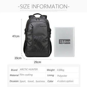 Black travel backpack with front zip and top handle; size panel shows 15.6-inch