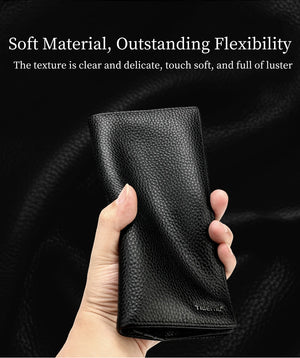 Black genuine leather slim long wallet with zip closure and logo on front