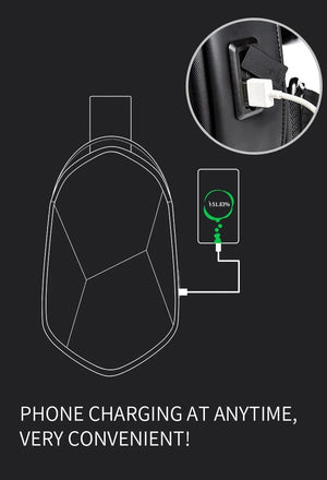 Black crossbody bag with built-in USB charging port for connecting a phone