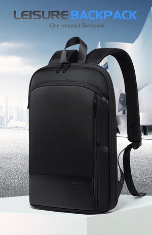 Expandable waterproof business backpack, black, front view with adjustable shoulder strap