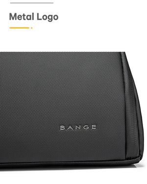 Black toiletry bag with BANGE logo on textured front panel