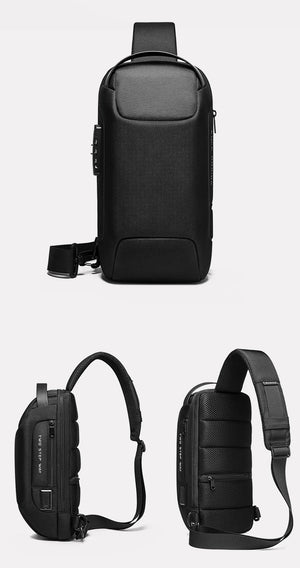 Waterproof crossbody sling bag with USB charging port and adjustable strap, black