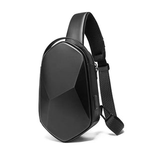 Black compact waterproof crossbody bag with curved front and adjustable shoulder strap
