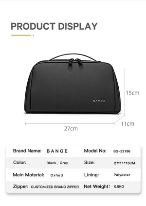 Black toiletry bag with top carry handle, rounded body, and centered logo patch