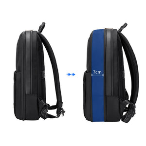 Black backpack back view showing expandable side panel with 7cm measurement