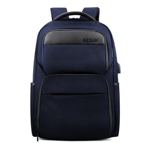 Blue large travel backpack with padded front compartments and top carry handle