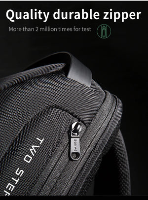 Black crossbody bag with durable zipper and pull tab on front pocket