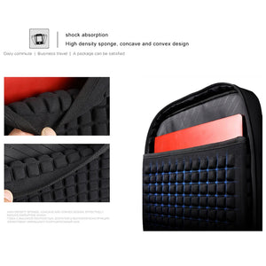 Black backpack with shock-absorbing padded sections and mesh front storage pocket