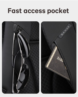 Black fast-access pocket detail with metal zipper pulls and BANGE logo