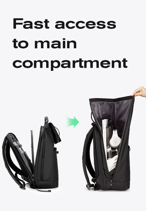 Black travel backpack with fast-access main compartment opening