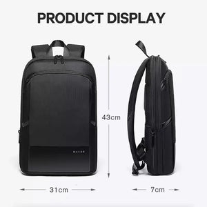Expandable waterproof business backpack, black, front and side view with carry handle