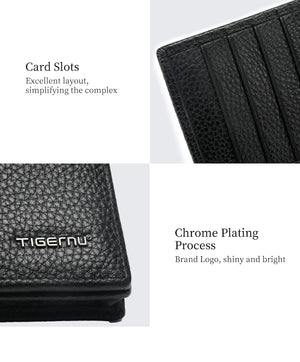 Black leather wallet close-up of card slots, textured grain, and chrome-plated logo