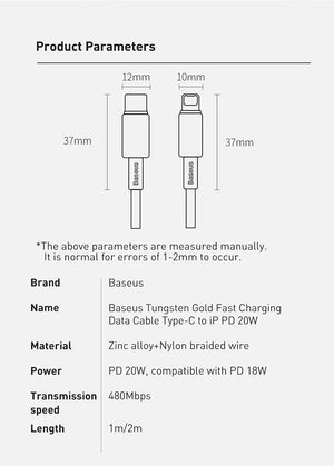 BASEUS Tungsten Gold 20W USB-C to Lightning Fast Charging Cable