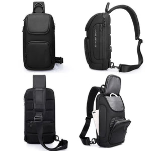 Black compact crossbody bag shown front, back, and side with adjustable strap