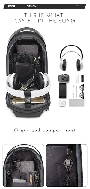 Organized crossbody bag with compartments visible inside, plus removable keychain holder