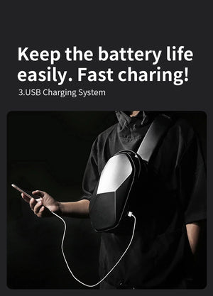 Black compact crossbody bag with USB charging cable connection on the side