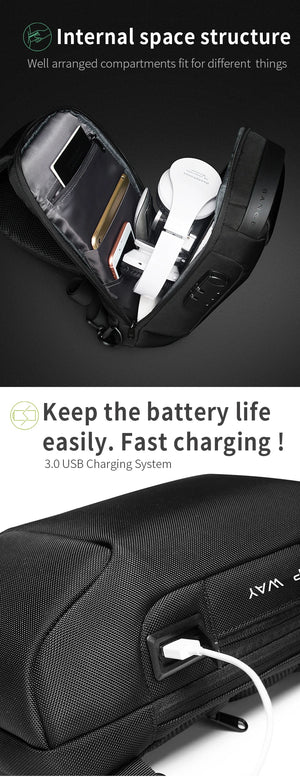 Black crossbody bag with USB charging port and built-in cable, open compartment