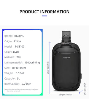 TIGERNU S8100 Compact Waterproof Crossbody Bag with USB Charging Port