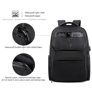Black waterproof travel backpack with durable fabric texture and fully zipped front