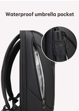 Black backpack with expandable umbrella pocket and zip front compartment