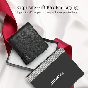 Black leather card holder wallet packaged in a gift box with ribbon.