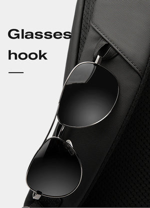 Black backpack with glasses hook on side organizer