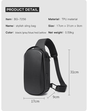 Compact sling bag product detail: black/gray style with adjustable shoulder strap