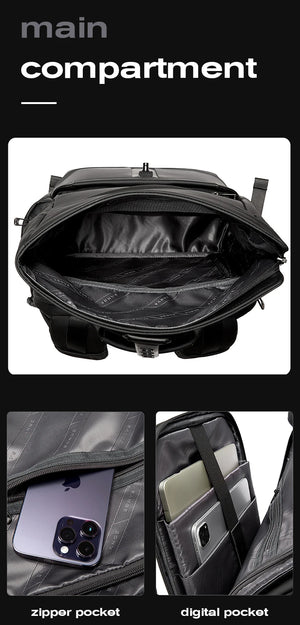 Black backpack open main compartment with zipper and internal pockets