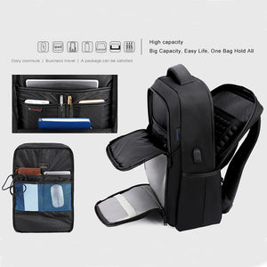 Black travel backpack with open front compartments for tablet and smaller items