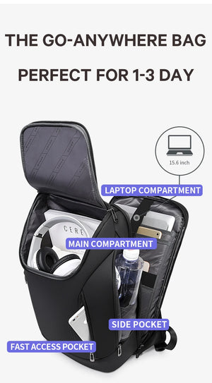 Black open backpack with laptop compartment, main compartment, and side pockets