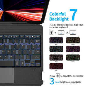 Bluetooth keyboard case with 7-color backlit keys on a dark textured cover