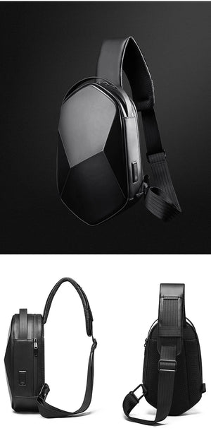 Black compact crossbody bag from front and side views with adjustable shoulder strap