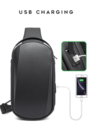 Water-resistant crossbody bag with USB charging port and cable connection detail