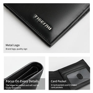 Black Tigernu wallet corner close-up with stitched edges and card pocket design