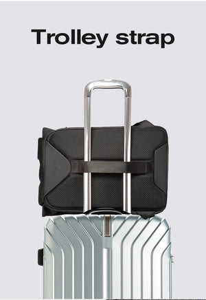 Black backpack with trolley strap attachment and top carry handle