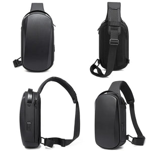 Black compact crossbody sling bag with adjustable strap and front zipper