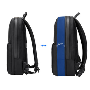 Black expandable backpack back view with 7cm expansion panel indicator