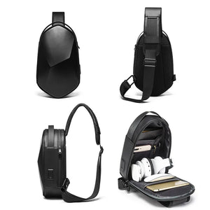 Black compact crossbody bag shown from multiple angles with adjustable strap and zipper