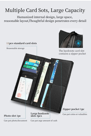 Open black leather wallet showing multiple card slots and a zip coin pocket