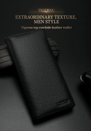 Black Tigernu leather long wallet with textured finish, upright close view