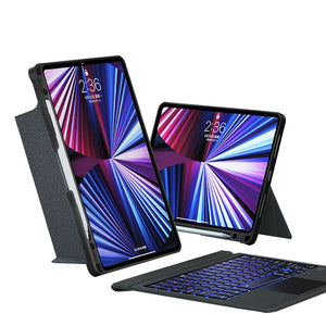 WiWU Bluetooth keyboard case, dark stand with blue backlit keys and two tablet angles