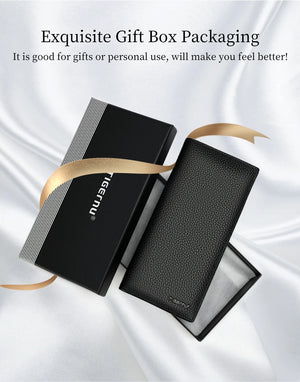 Black leather slim long wallet in gift box packaging