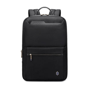 Black expandable business backpack with zip front pocket and top handle