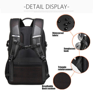Black backpack with waterproof fabric, sunglasses hook, and breathable back cushion
