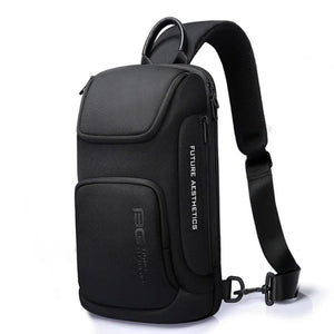 Black compact waterproof crossbody bag with curved front flap and D-ring strap clip