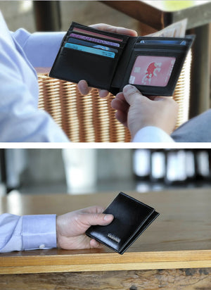 Black PU leather slim wallet/card holder held open, showing card slots and cash pocket
